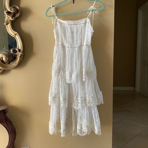 Few Moda White Sheer Dotted and Lace Tiered Dress